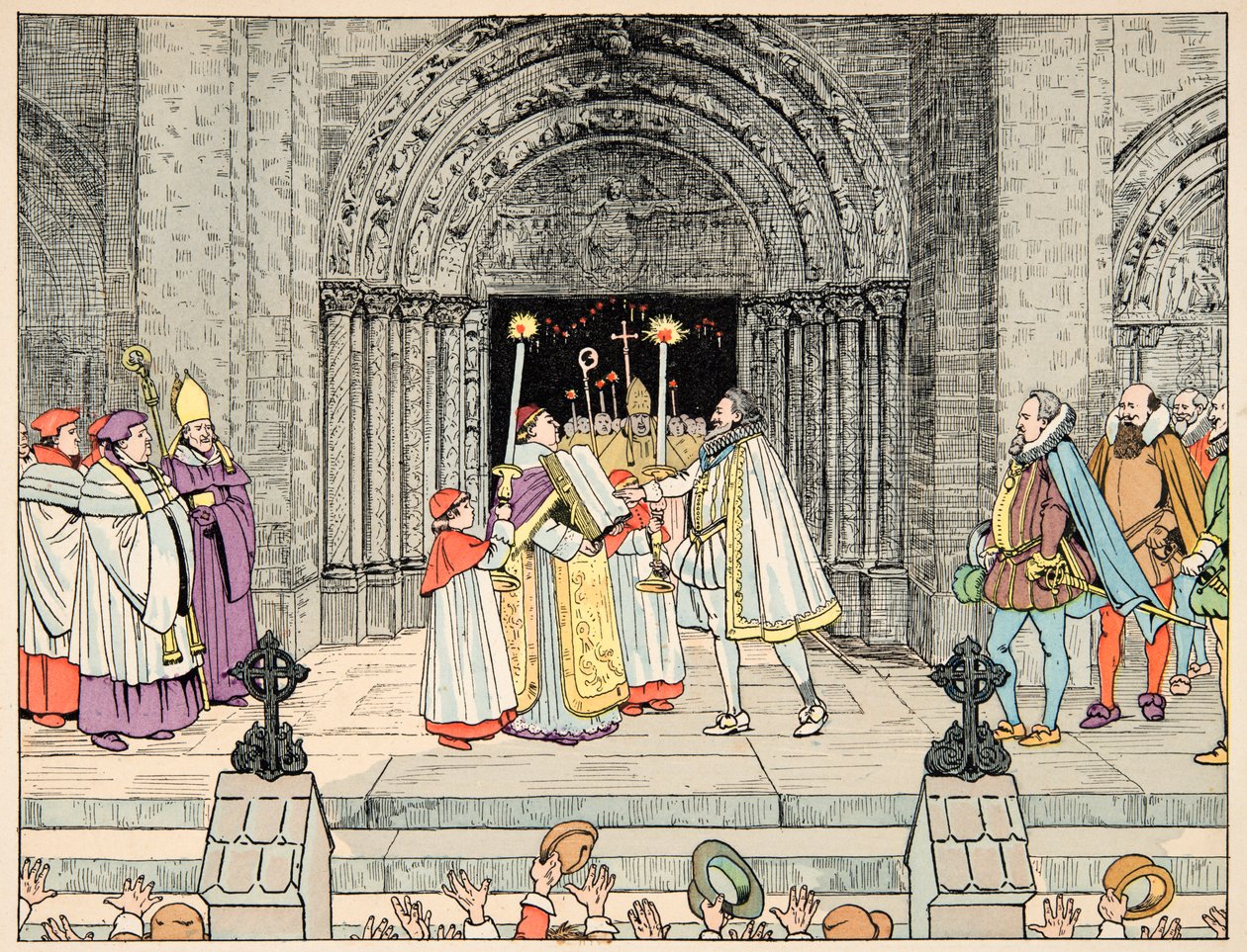 Illustrasjon hentet fra boken "Le bon roy Henri", illustrert av Jacques Marie Gaston Onfray de Breville dit JOB (1858-1931): Henri IV, Basilica Saint Denis avsier sin religion og konverterer - Privat samling av pseudonym for Onfray de Breville Jacques Job