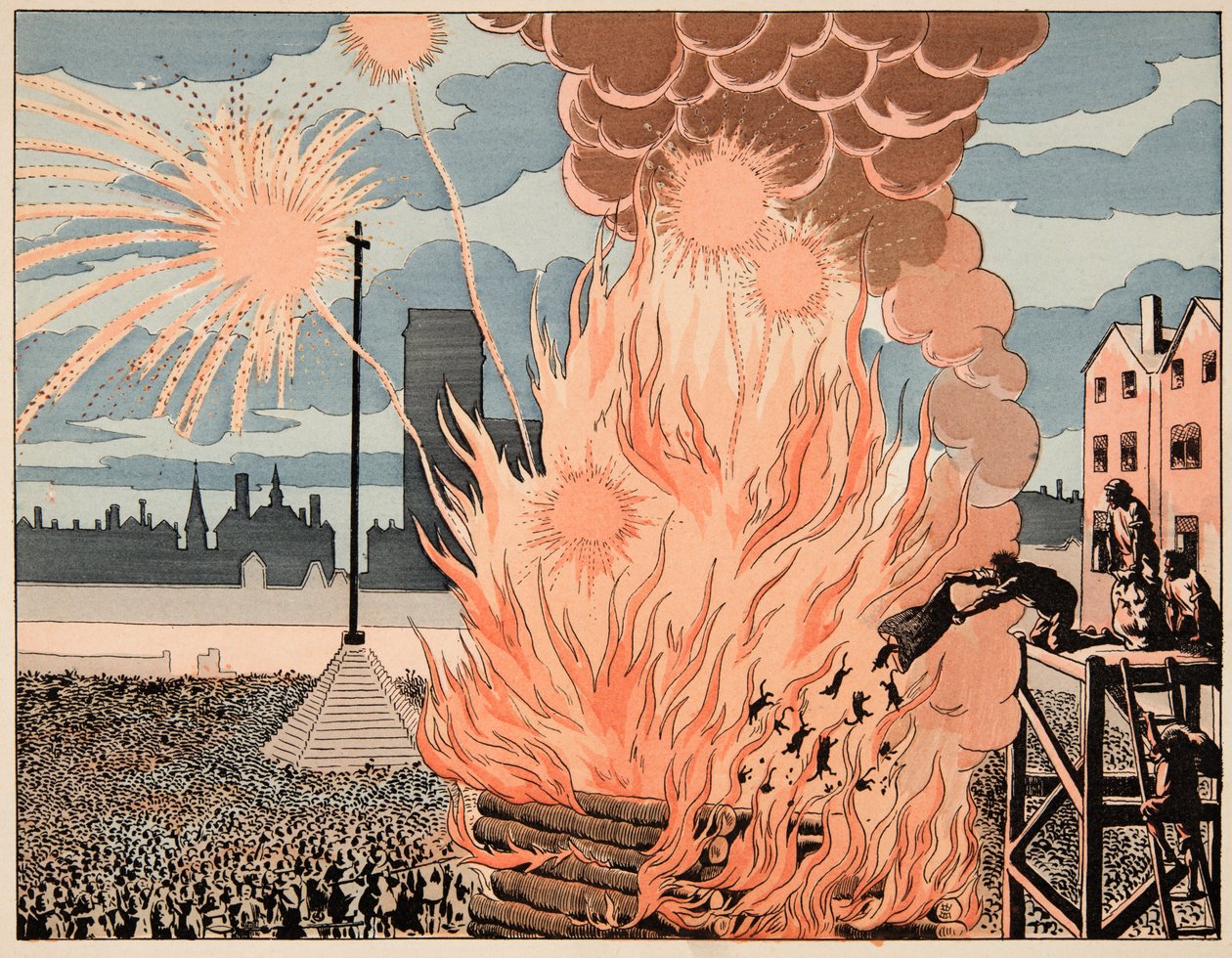 Illustrasjon hentet fra boken “Le bon roy Henri”, illustrert av Jacques Marie Gaston Onfray de Breville dit JOB (1858-1931): Fire de joie place de strike in Paris - Privat samling av pseudonym for Onfray de Breville Jacques Job