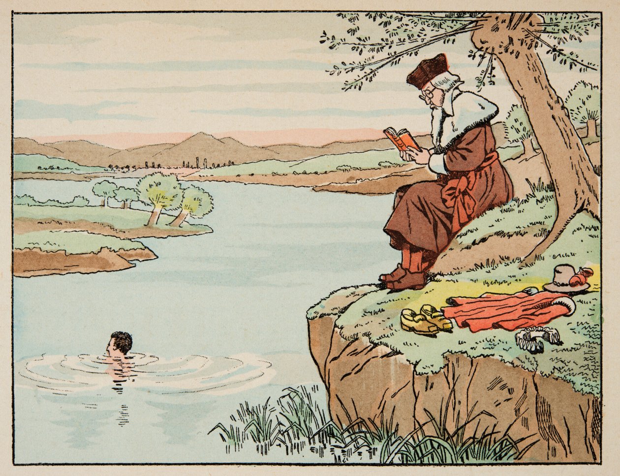 Illustrasjon hentet fra boken «Le bon roy Henri», illustrert av Jacques Marie Gaston Onfray de Breville dit JOB (1858-1931): Utdanning på 1500-tallet: svømming - Privat samling av pseudonym for Onfray de Breville Jacques Job