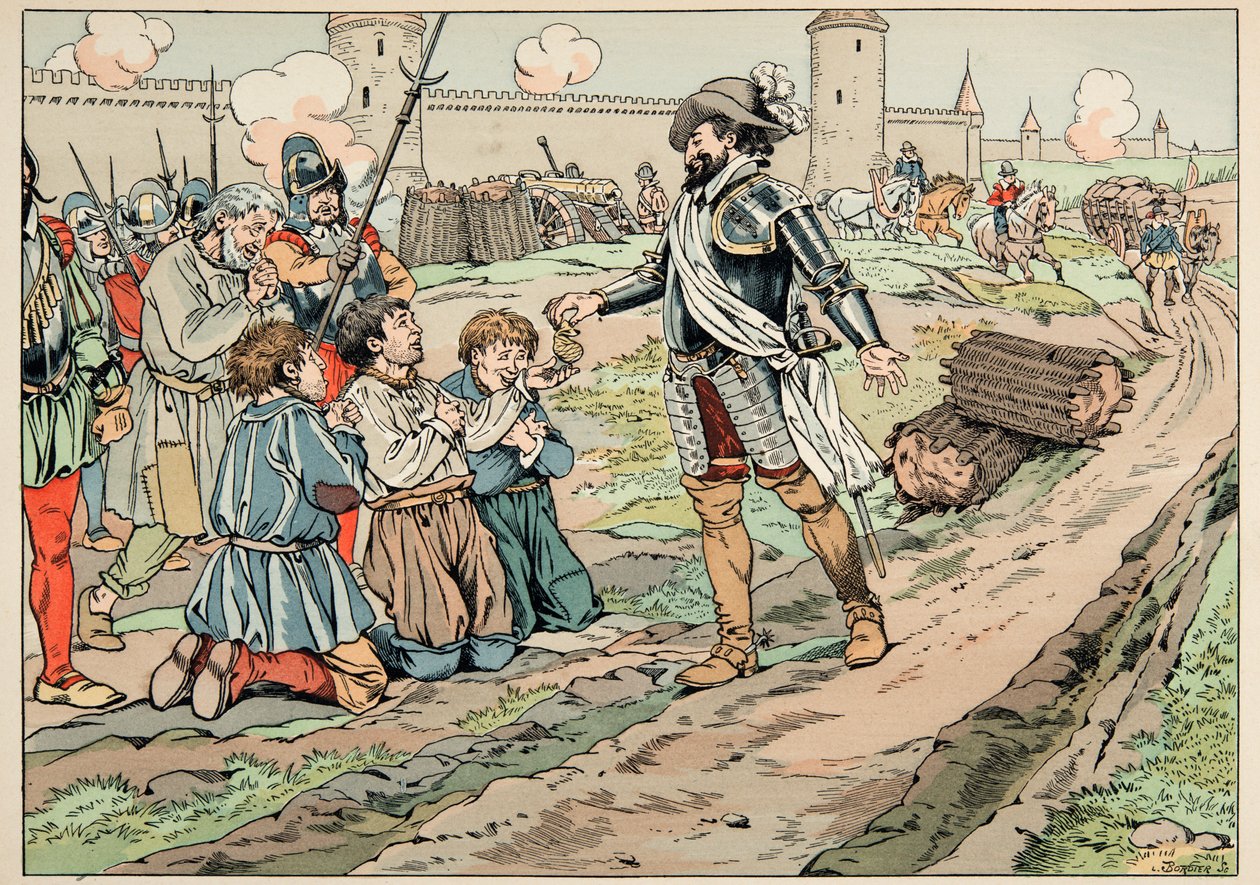 Illustrasjon hentet fra boken “Le bon roy Henri””, illustrert av Jacques Marie Gaston Onfray de Breville dit JOB (1858-1931): Henri IV gir penger og frigjør bønder som prøvde å introdusere mat i Paris - Privat samling av pseudonym for Onfray de Breville Jacques Job
