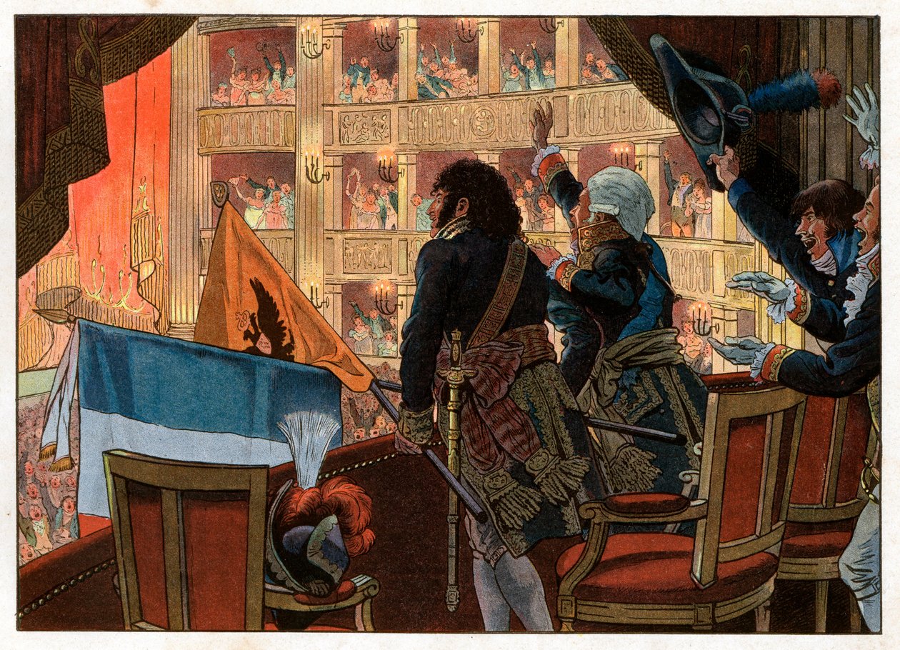 I Firenze, i teatersalen, forener Joachim Murat (1767-1815) og en russisk ambassadør flagget sitt med nåtidens største glede. Gravering av Jacques Marie Gaston Onfray de Breville dit Job (1858-1931) av pseudonym for Onfray de Breville Jacques Job