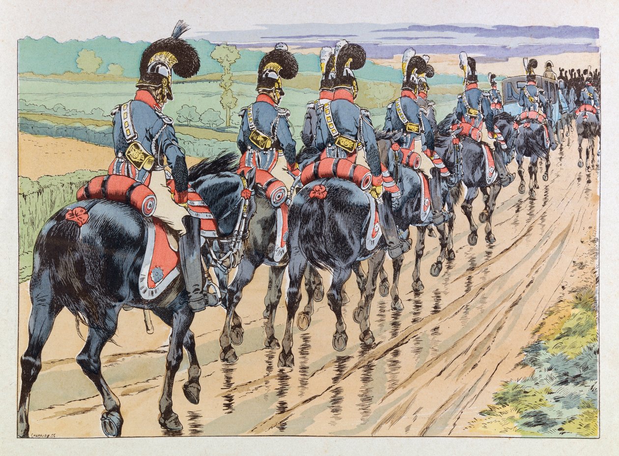Jacques Marie Gaston Onfray de Breville kalt JOB (1858 - 1931); Illustrasjon fra boken "" Les epees de France"": Imperiale eskorte med Napoleon; Coll, Del av pseudonym for Onfray de Breville Jacques Job
