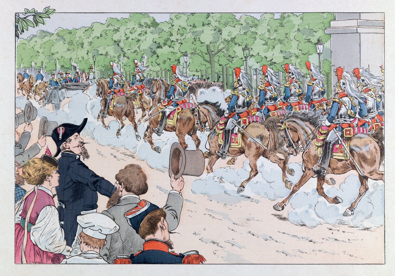 Jacques Marie Gaston Onfray de Breville var JOB (1858 - 1931); Illustrasjon fra boken «Les epees de France»: Eskorte av keiser Napoleon 3 på Champs Elysees; Coll, del av pseudonym for Onfray de Breville Jacques Job