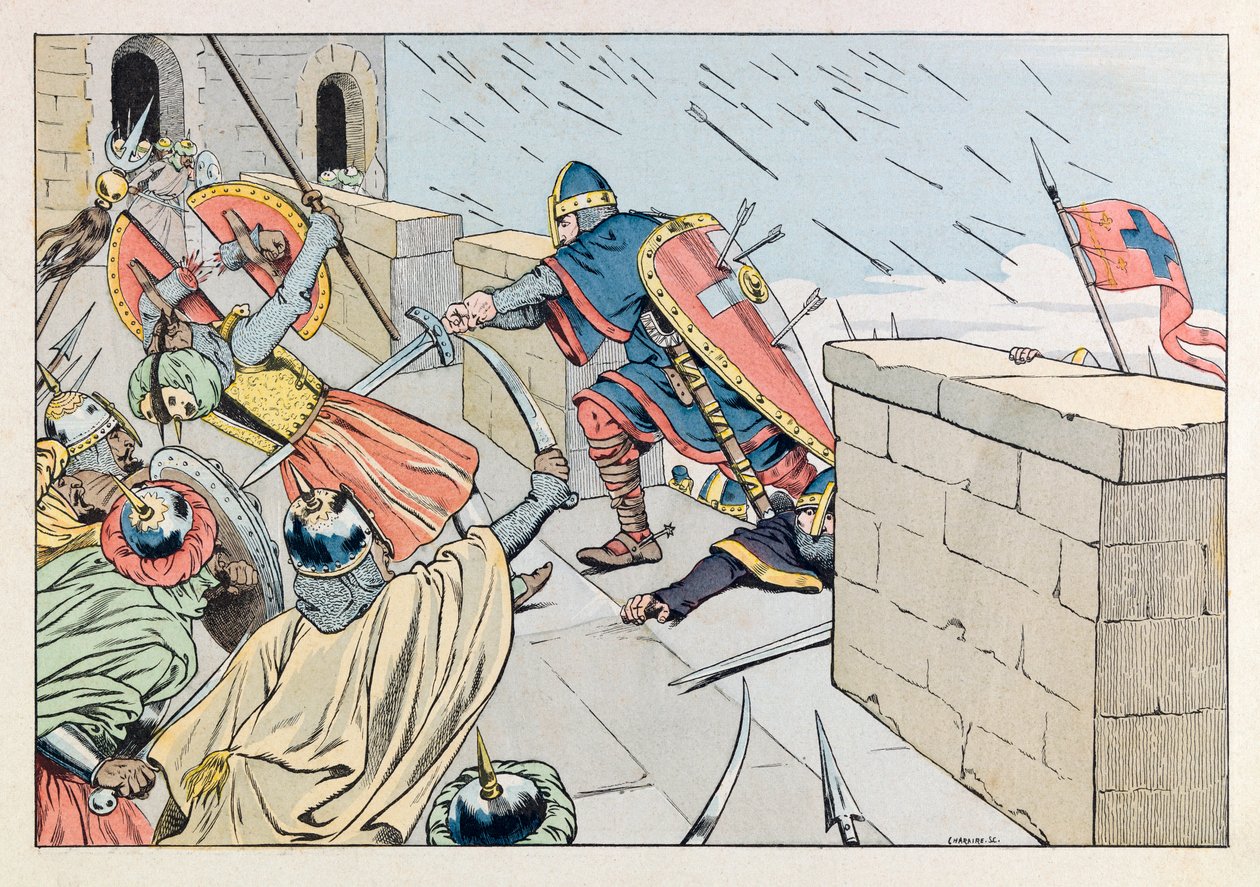 Jacques Marie Gaston Onfray de Breville kalt JOB (1858 - 1931); Illustrasjon fra boken «Les epees de France»: Tatt av Jerusalem av Godefroy de Bouillon i 1099; Coll, del. av pseudonym for Onfray de Breville Jacques Job
