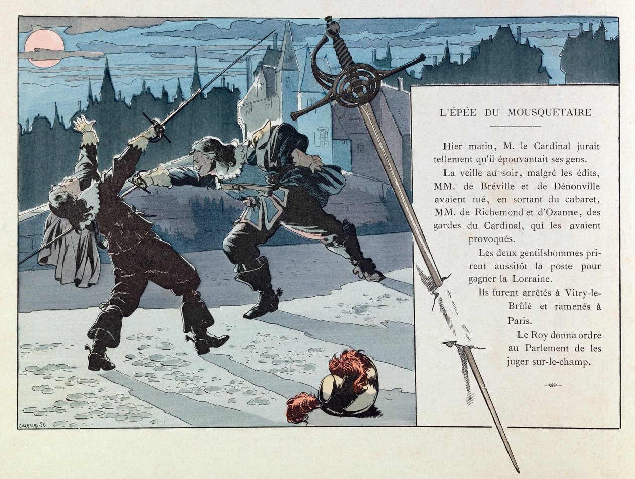 Jacques Marie Gaston Onfray de Breville var JOB (1858 - 1931); Illustrasjon fra boken "Les epees de France": Duell mellom en musketer og en vakt fra kardinalen (M de Breville og Denonville drepte M de Richemond og M d
