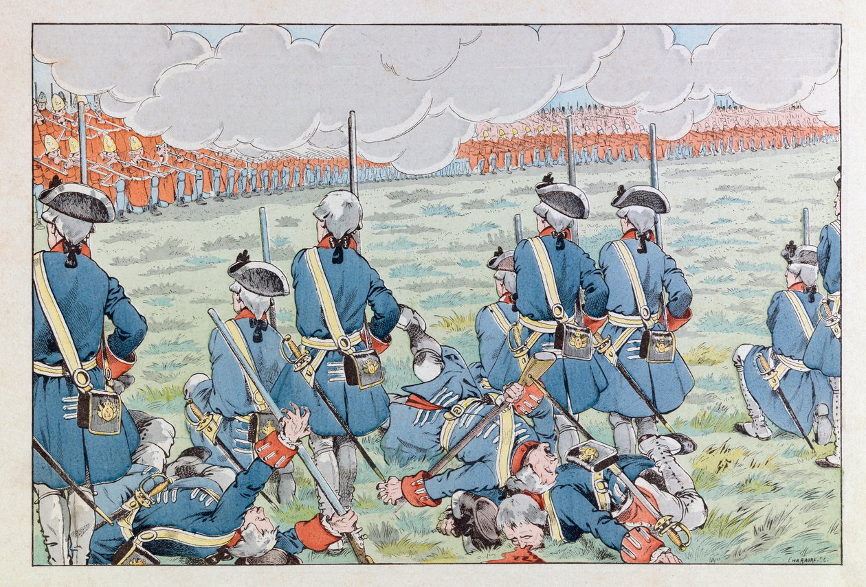 Jacques Marie Gaston Onfray de Breville var JOB (1858 - 1931); Illustrasjon fra boken «Les epees de France»: Slaget ved Fontenoy 11. mai 1745; Coll, del av pseudonym for Onfray de Breville Jacques Job
