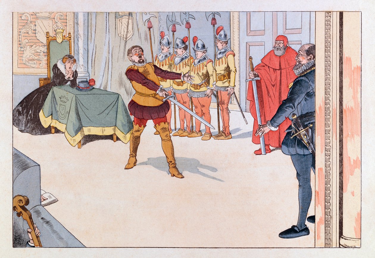 Jacques Marie Gaston Onfray de Breville kalt JOB (1858 - 1931); Illustrasjon fra boken «Les epiees de France»: Piece de theater au 1800-tallet; Coll, Del av pseudonym for Onfray de Breville Jacques Job