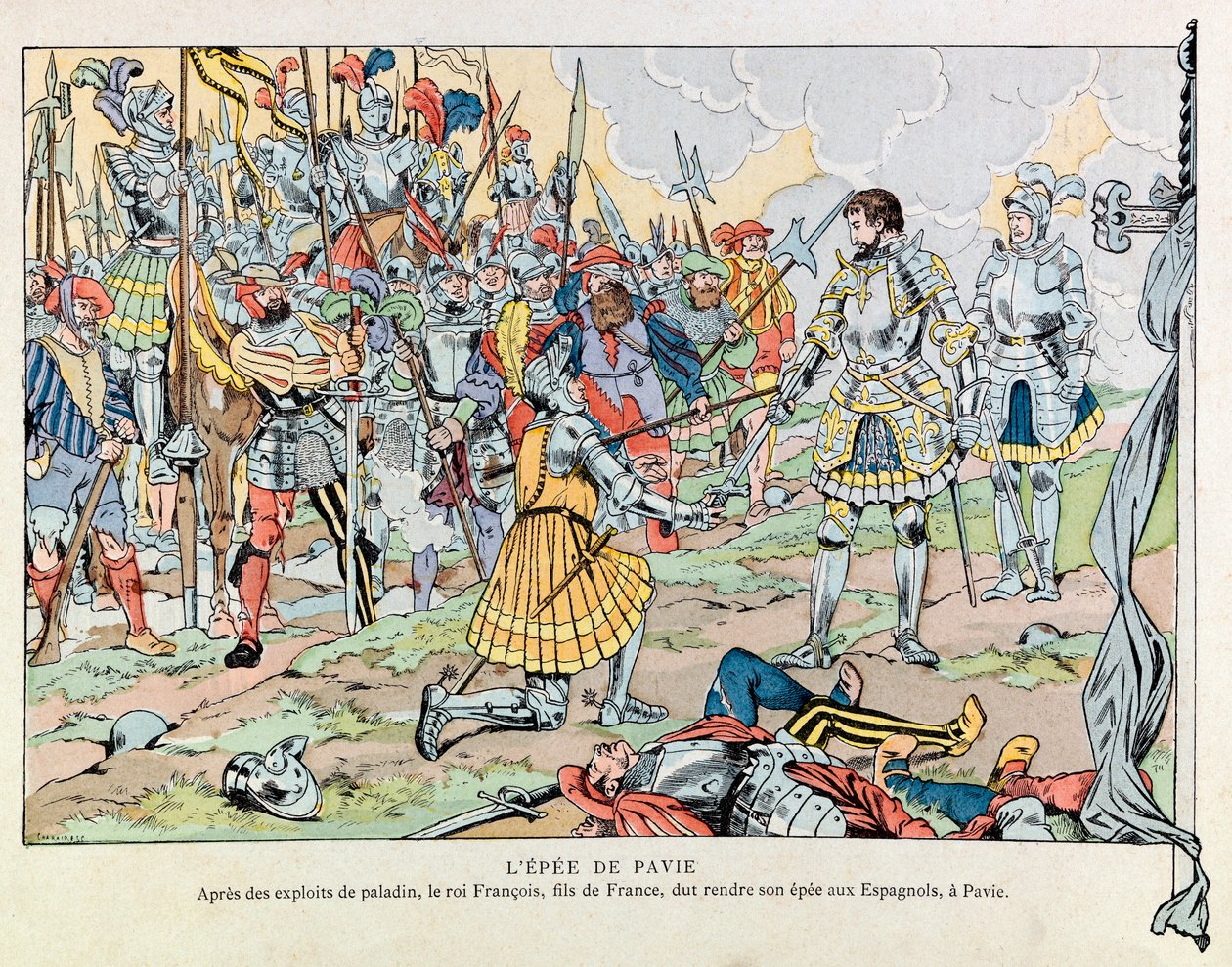 Jacques Marie Gaston Onfray de Breville var JOB (1858 - 1931); Illustrasjon fra boken "" Les epees de France"": Kong Francois 1. returnerer sverdet sitt til spanjolene etter nederlaget til Pavia 24. februar av pseudonym for Onfray de Breville Jacques Job