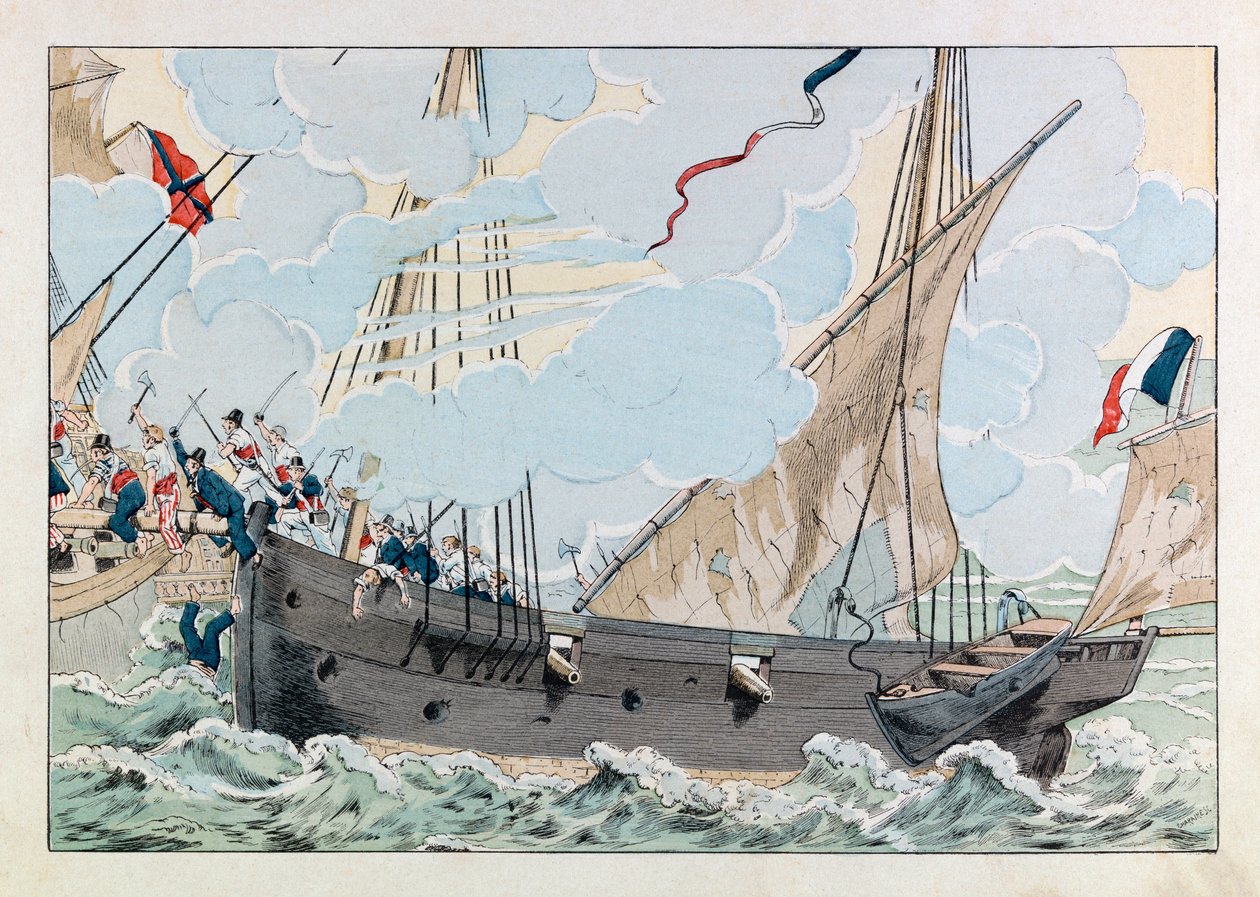 Jacques Marie Gaston Onfray de Breville var JOB (1858 - 1931); Illustrasjon fra boken "" Les epees de France"": Robert Surcouf (1773-1827) med sitt skip "" La Coquette "" angriper det engelske skipet "" Queen Mary ""; Coll, del av pseudonym for Onfray de Breville Jacques Job