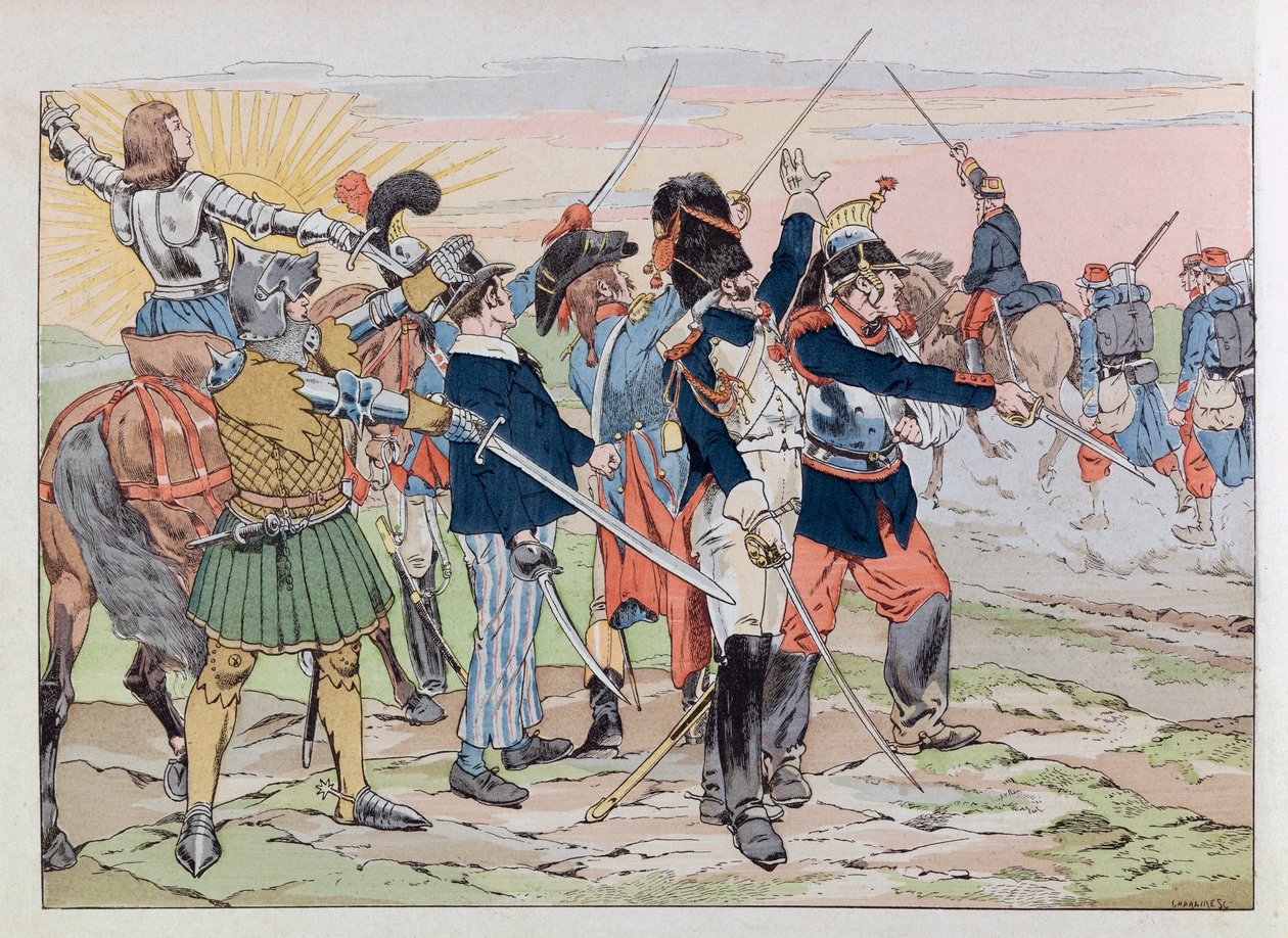 Jacques Marie Gaston Onfray de Breville kalt JOB (1858 - 1931); Illustrasjon fra boka “Les Epees de France”: Allegory des Glories de France to the Hairy fra 1914; Coll, Del av pseudonym for Onfray de Breville Jacques Job