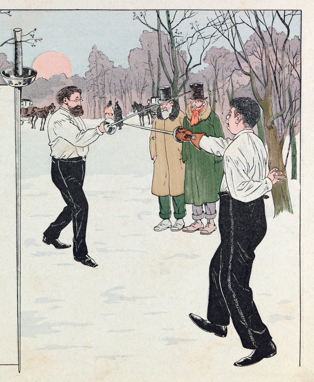 Jacques Marie Gaston Onfray de Breville kalt JOB (1858 - 1931); Illustrasjon fra boken «Les epiees de France»: En duell i 1894; Coll, Del av pseudonym for Onfray de Breville Jacques Job