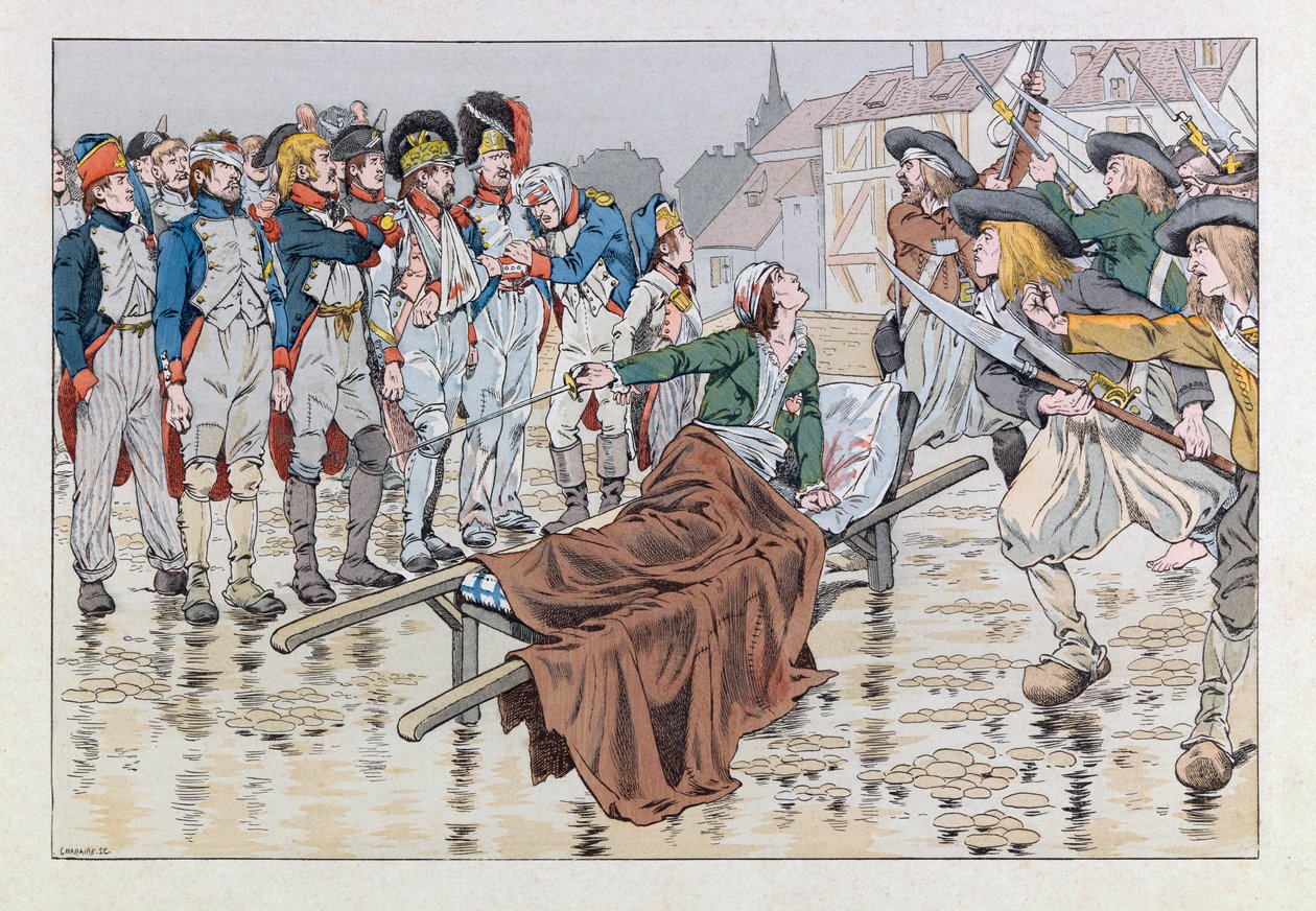 Jacques Marie Gaston Onfray de Breville var JOB (1858 - 1931); Illustrasjon fra boken «Les epees de France»: Markisen de Bonchamps dødelige sår etter slaget ved Cholet i 1793 redder republikanske fanger fra hendene til chouanene; Coll, Par av pseudonym for Onfray de Breville Jacques Job