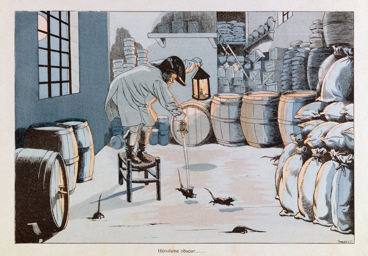 Jacques Marie Gaston Onfray de Breville kalt JOB (1858 - 1931); Illustrasjon fra «Les epees de France»: Hærens proviantkommissær mot rottehæren; Coll, Del av pseudonym for Onfray de Breville Jacques Job