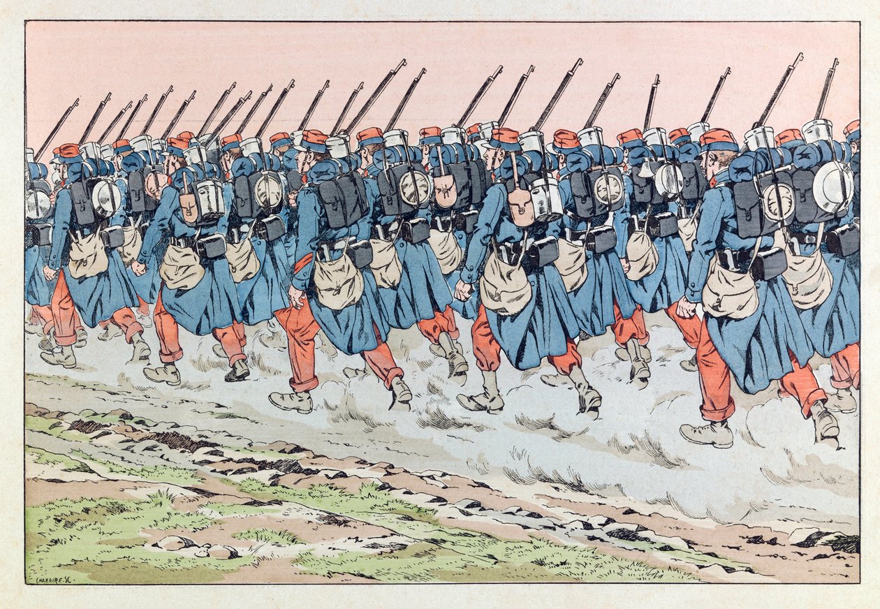 Jacques Marie Gaston Onfray de Breville kalt JOB (1858 - 1931); Illustrasjon fra boken “”Les epiees de France””: De hårete på 14 på vei til fronten; Coll, Del av pseudonym for Onfray de Breville Jacques Job