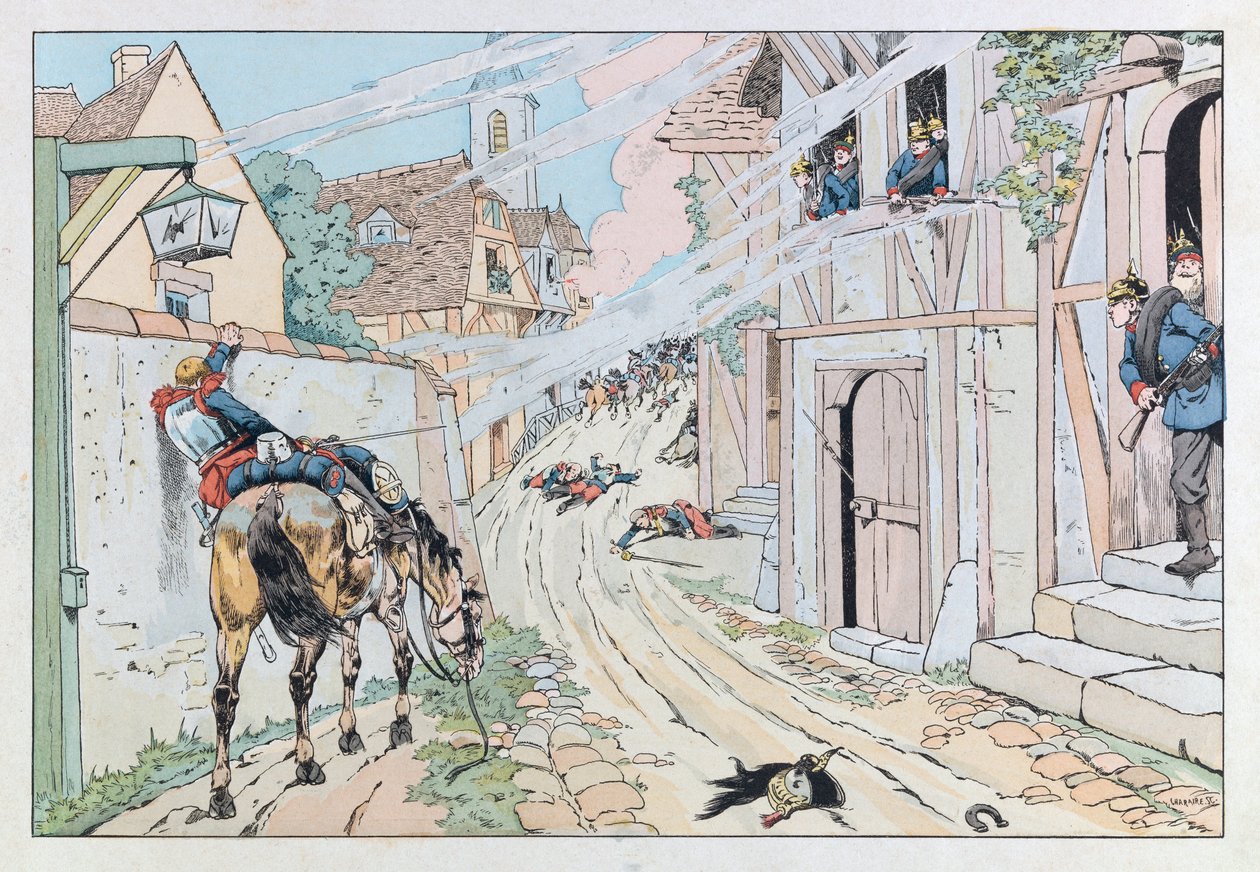 Jacques Marie Gaston Onfray de Breville var JOB (1858 - 1931); Illustrasjon hentet fra boken "" Les epees de France"": Episode av den franske prøyssiske krigen i 1870, angrep gitt av 9. Cuirassiers i landsbyen Morsbronn; Coll, del av pseudonym for Onfray de Breville Jacques Job