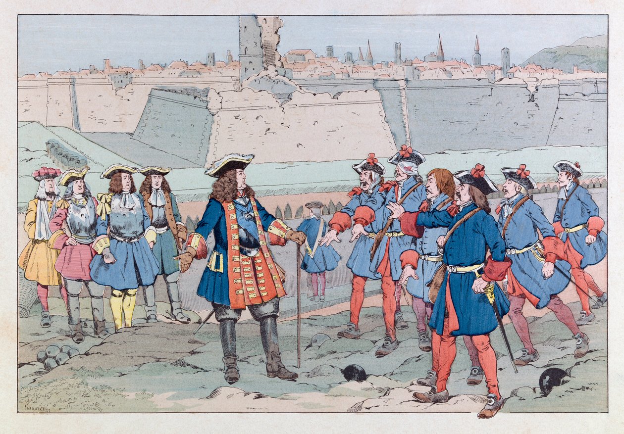 Jacques Marie Gaston Onfray de Breville kalt JOB (1858 - 1931); Illustrasjon hentet fra boken «Les epees de France»: Le marechal de Villars tok over byen Douai 27. august av pseudonym for Onfray de Breville Jacques Job