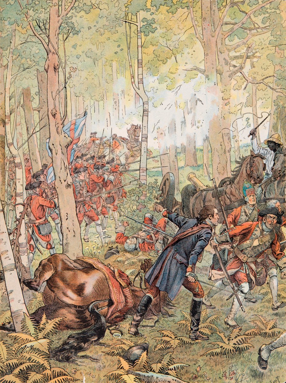 Jacques Marie Gaston Onfroy de Breville dit JOB (1858-1931) - George Washington i slaget ved Monongahela mot franskmennene 9. juli av pseudonym for Onfray de Breville Jacques Job