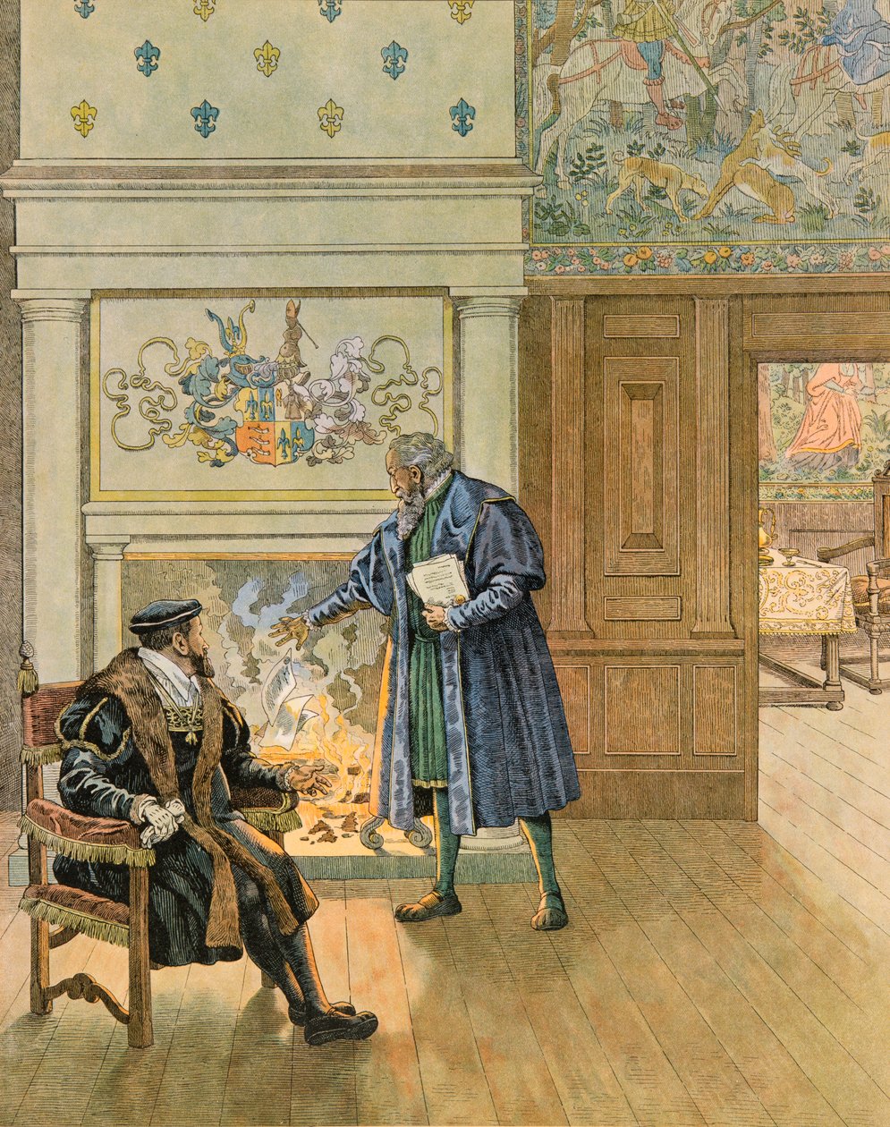 Jacques Marie Gaston Onfroy de Breville dit JOB (1858-1931) - Belgias historie: keiser Charles V (1500 - 1558) på besøk hos de store kjøpmennene og finansmennene i byen Antwerpen, privat samling av pseudonym for Onfray de Breville Jacques Job