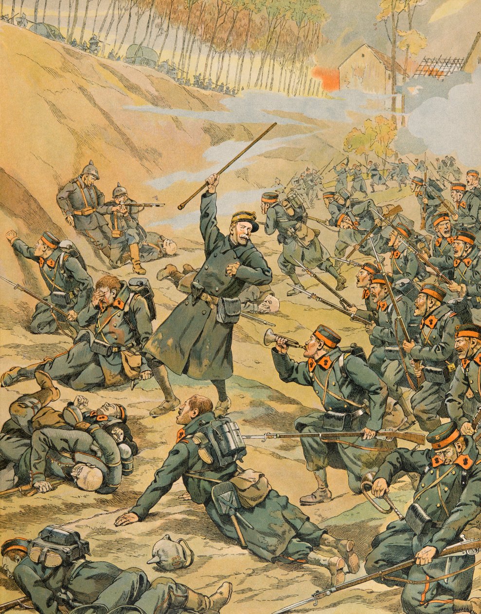 Jacques Marie Gaston Onfroy de Breville dit JOB (1858-1931) - Belgias historie: Forsvaret av Schoorbakke Tervaete-løkken av infanteriet under slaget ved Yser i 1914, privat samling av pseudonym for Onfray de Breville Jacques Job