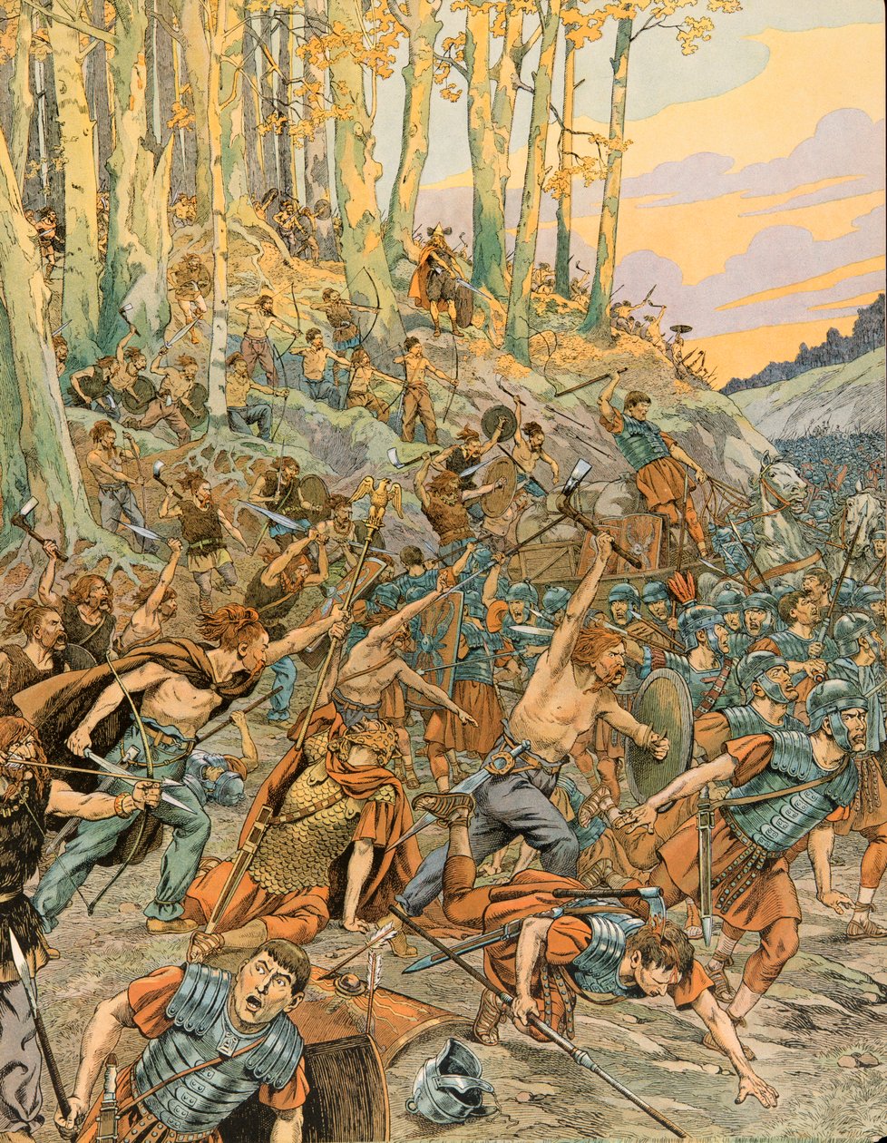 Jacques Marie Gaston Onfroy de Breville dit JOB (1858-1931) - Belgias historie: Slaget ved Aduatuca, i Vallee du Geer i 54 f.Kr., Eburonene (belgerne) massakrerte de romerske legionene av Cæsar under den galliske krigen, privat samling av pseudonym for Onfray de Breville Jacques Job
