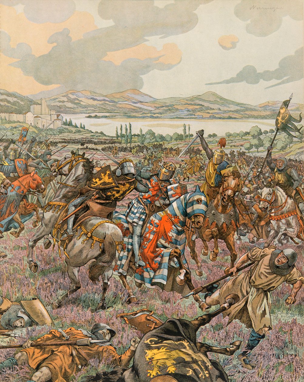 Jacques Marie Gaston Onfroy de Breville DIT Job (1858-1931) - Belgia History: John 1. hertug av Brabant seirende i slaget ved Woeringen i 1288 under Limburg -etterfølgelsen og gir Brabant Autonomy til Tyskland, privat samling av pseudonym for Onfray de Breville Jacques Job