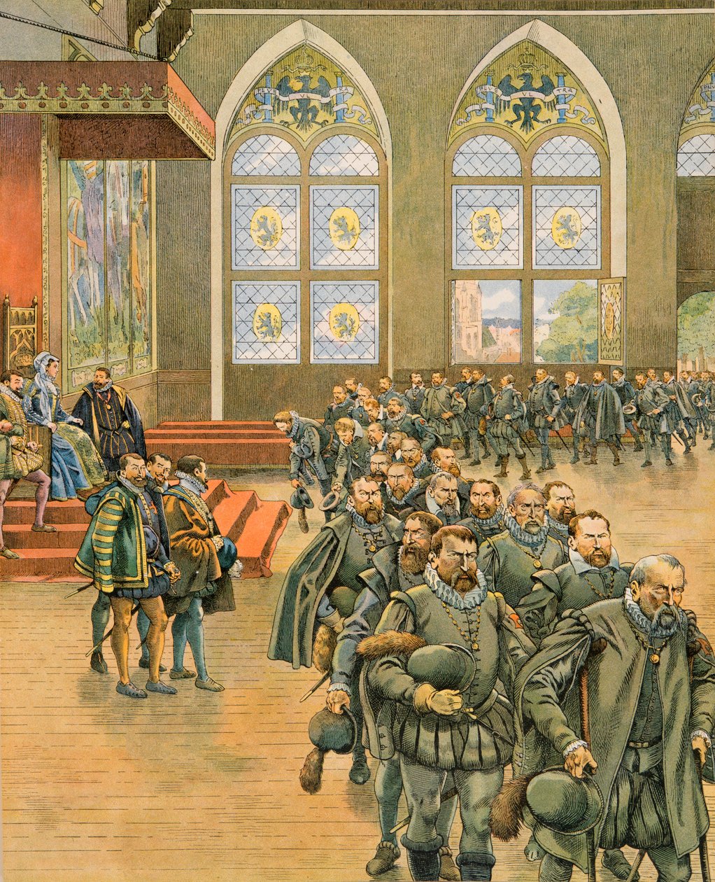 Jacques Marie Gaston Onfroy de Breville dit JOB (1858-1931) - Belgias historie: Gueux presenterer sine respektfulle protester til Marguerite de Parma (1522-1586), guvernante i Nederland under Filip II (1527-1598), i 1566, Privat samling av pseudonym for Onfray de Breville Jacques Job