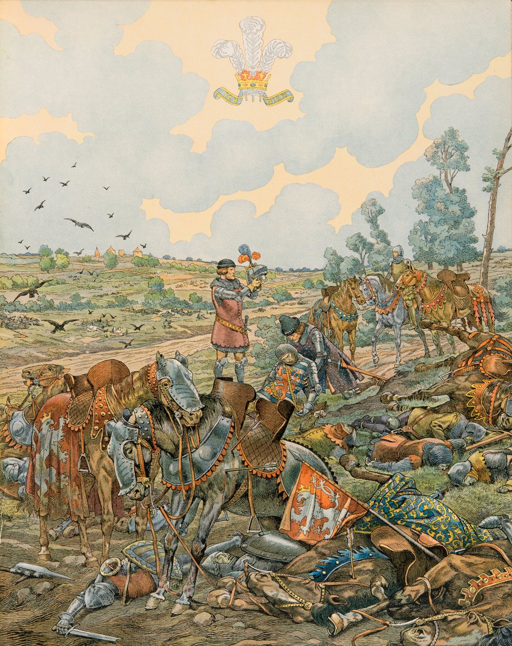Jacques Marie Gaston Onfroy de Breville dit JOB (1858-1931) - Belgias historie: John 1, greve av Luxembourg dit l Blind (1296 - 1346) faller i slaget ved Crecy 26. august 1346, privat samling av pseudonym for Onfray de Breville Jacques Job