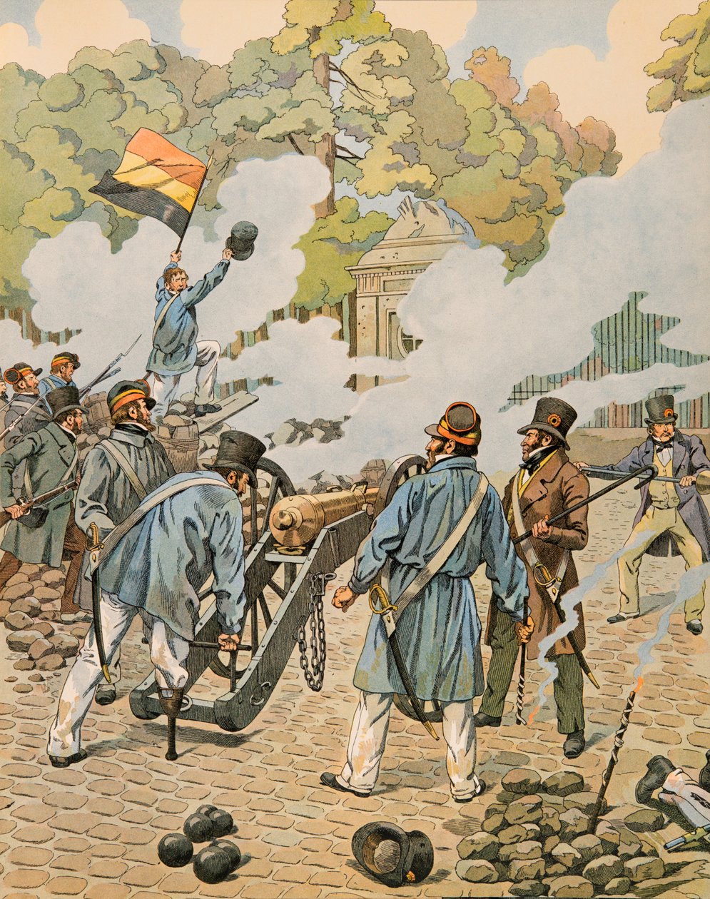 Jacques Marie Gaston Onfroy de Breville dit JOB (1858-1931) - Belgias historie: Jean Joseph Charlier (1794 - 1866) sier at trebenet peker artilleristykket sitt mot de nederlandske troppene samlet i parken i Brussel i september 1830, privat Col av pseudonym for Onfray de Breville Jacques Job