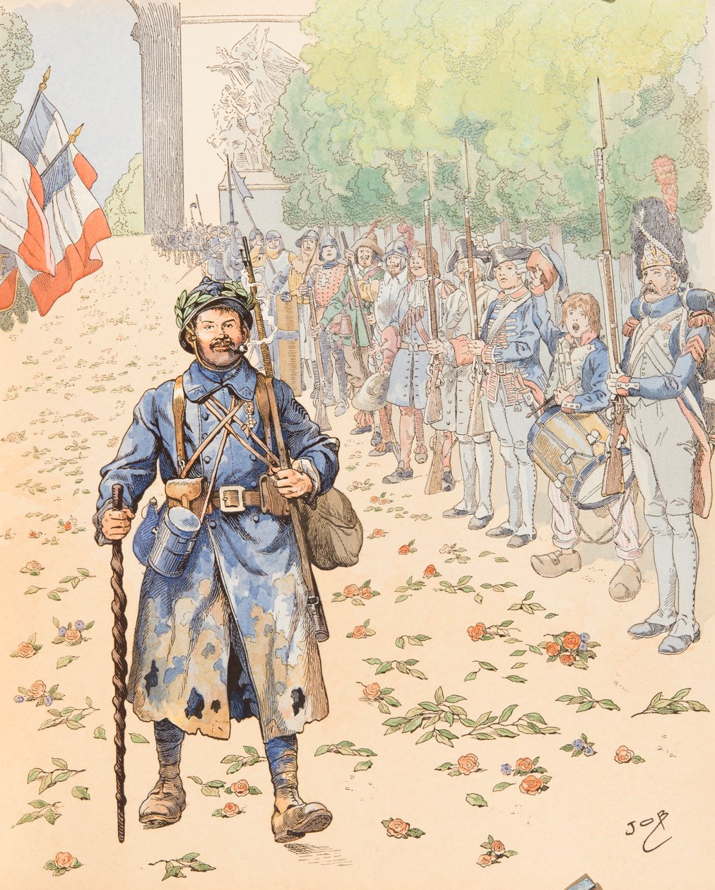 Jacques Marie Gaston Onfroy de Breville dit JOB (1858-1931) - Le triumphe du poilu (allegori om det franske militæret som hyller de hårete), Collection privee av pseudonym for Onfray de Breville Jacques Job