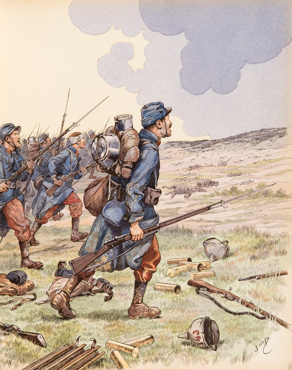 Jacques Marie Gaston Onfroy de Breville dit JOB (1858-1931) - Les poilus under slaget ved Marne under første verdenskrig, privat samling av pseudonym for Onfray de Breville Jacques Job