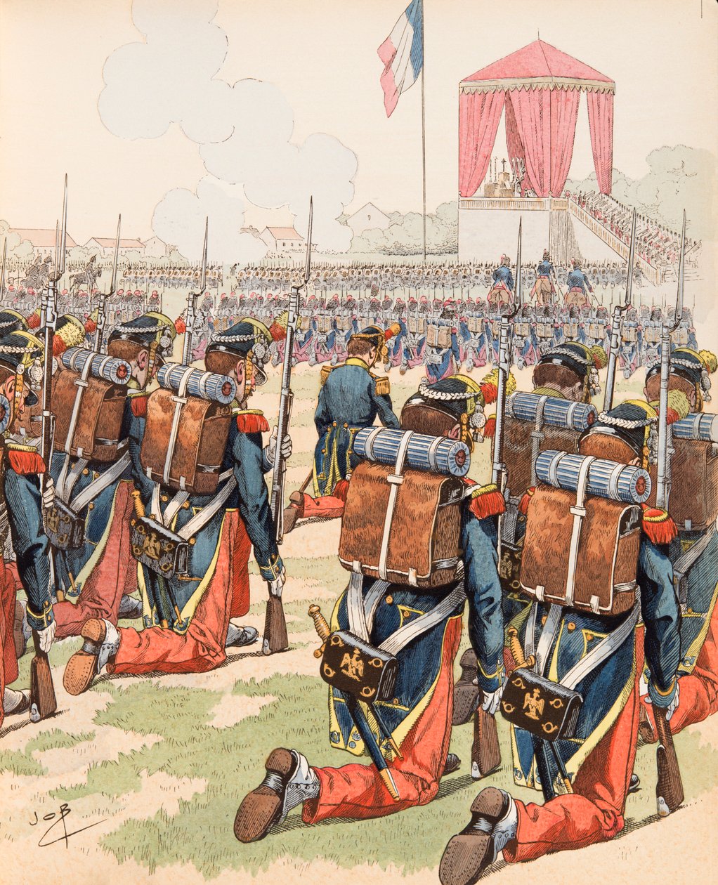 Jacques Marie Gaston Onfroy de Breville dit JOB (1858-1931) - Messe gitt i leiren Chalon under Napoleon III (også leir Mourmelon), privat samling av pseudonym for Onfray de Breville Jacques Job
