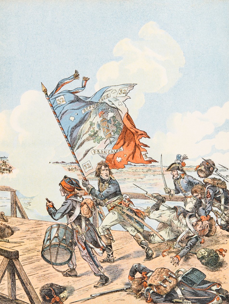 Jacques Marie Gaston Onfroy de Breville dit JOB (1858-1931) - Napoleon Bonaparte ved broen til Arcole i 1796, privat samling av pseudonym for Onfray de Breville Jacques Job