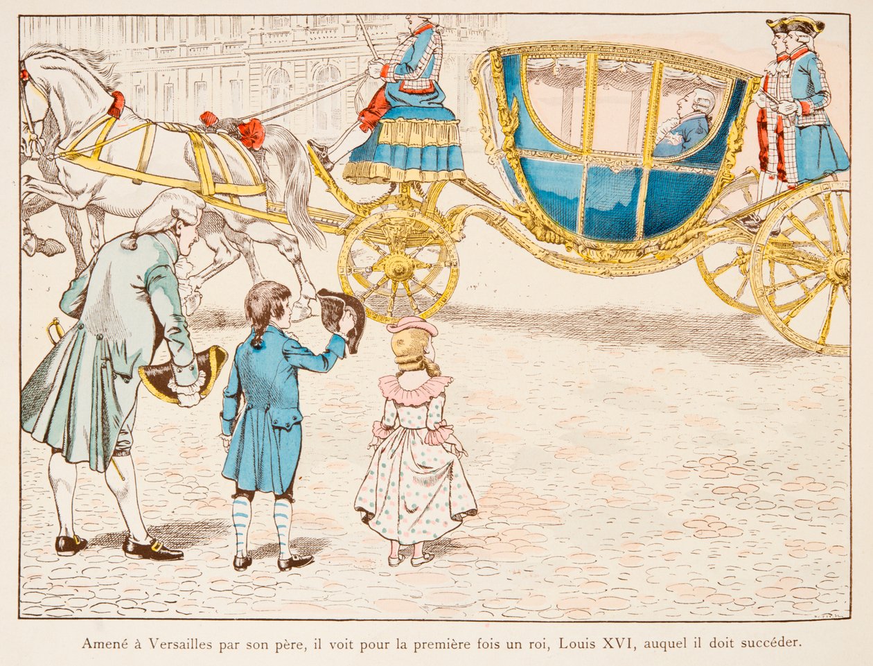 Jacques Marie Gaston Onfroy de Breville dit JOB (1858-1931) - Napoleon Bonaparte brakt til Versailles av faren ser kong Louis XVI i Carossus for første gang i 1770, privat samling av pseudonym for Onfray de Breville Jacques Job