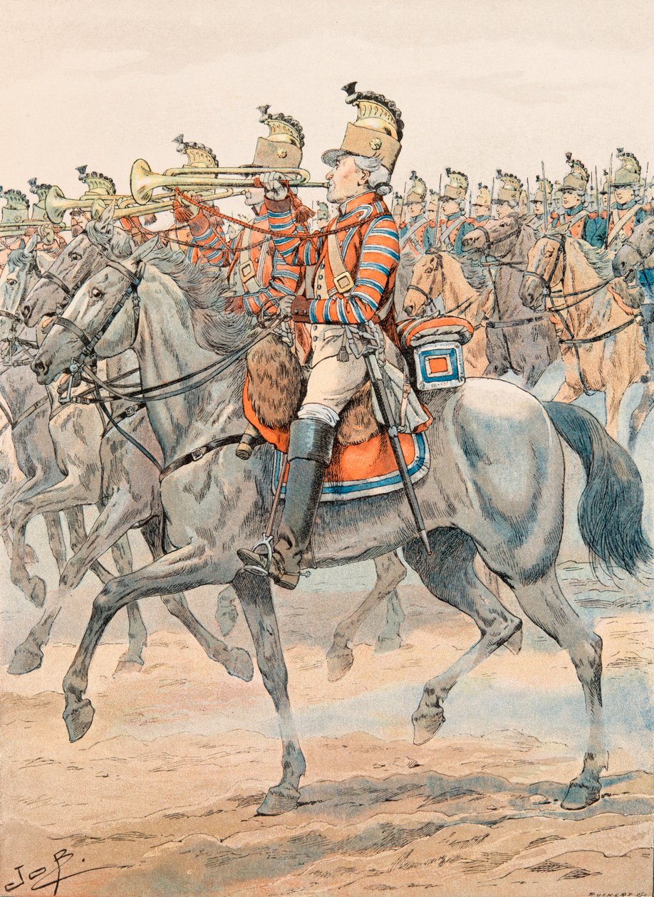 Jacques Marie Gaston Onfroy de Breville DIT Job (1858-1931) - Antrekk av de franske troppene til enhver tid: Trumpet of the Orleans Regiment - Dragons (1781), privat samling av pseudonym for Onfray de Breville Jacques Job
