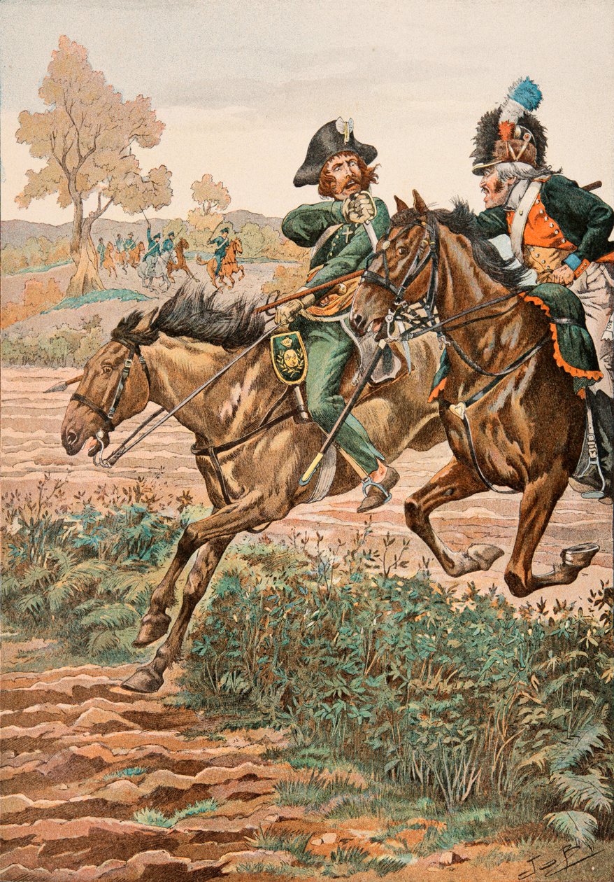 Jacques Marie Gaston Onfroy de Breville dit JOB (1858-1931) - Antrekk til de franske troppene til enhver tid: Cavalier Vendeen og piqueur (eller Piconnier) på hesten til Germanique Legion (1793), privat samling av pseudonym for Onfray de Breville Jacques Job