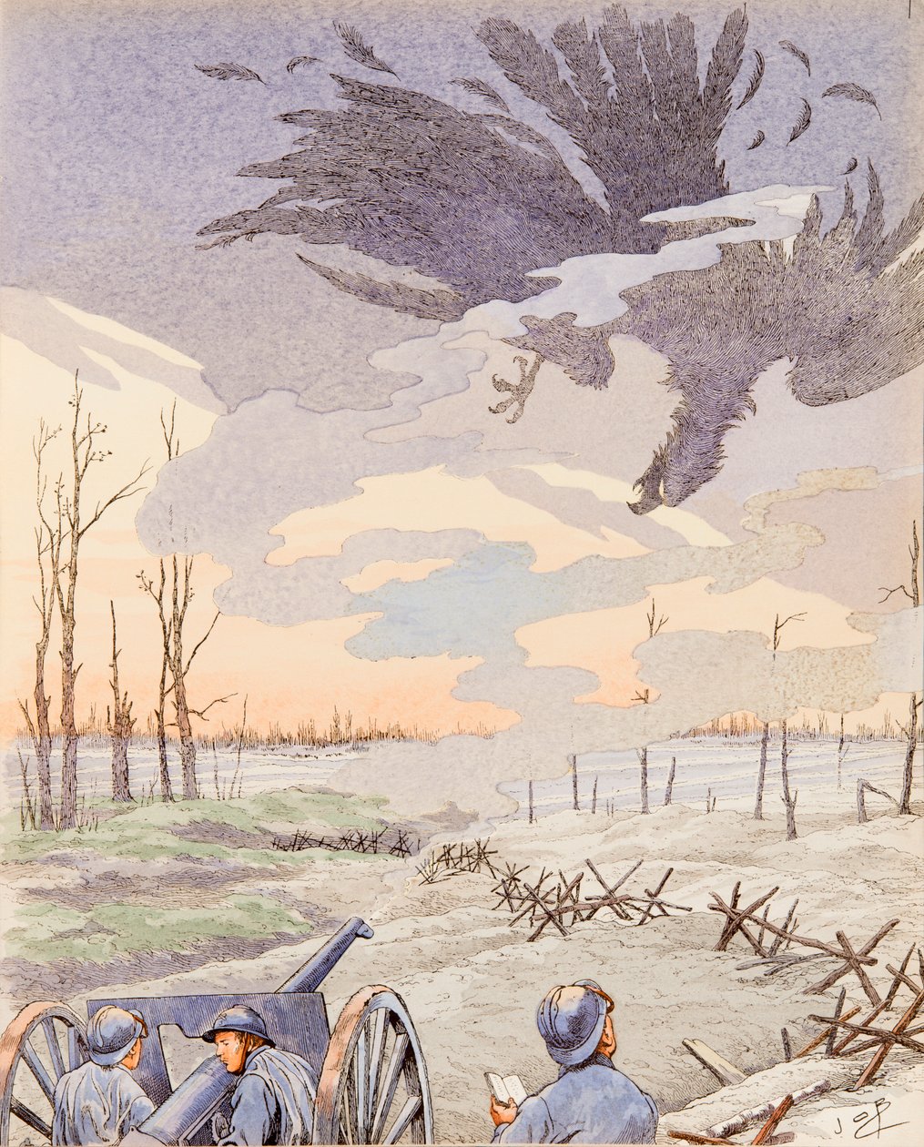 Jacques Marie Gaston Onfroy de Breville dit JOB (1858-1931) - 75-kanonen (allegori om 75-kanonen som skjøt den tyske ørnen under første verdenskrig), privat samling av pseudonym for Onfray de Breville Jacques Job