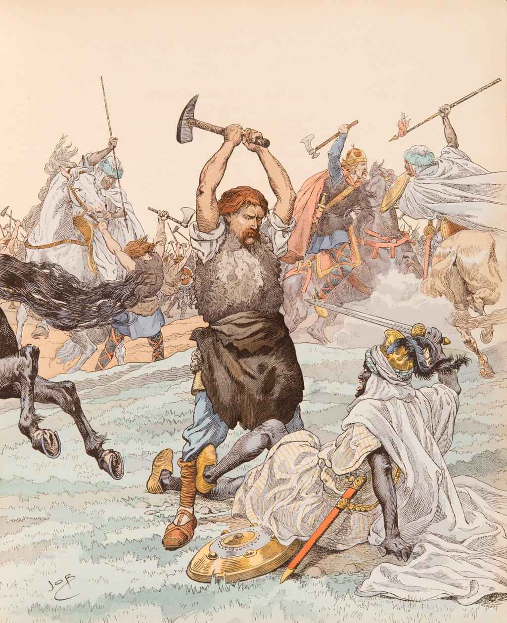 Jacques Marie Gaston Onfroy de Breville dit JOB (1858-1931) - Smeden fra Poitiers under slaget ved Poitiers i 732, privat samling av pseudonym for Onfray de Breville Jacques Job