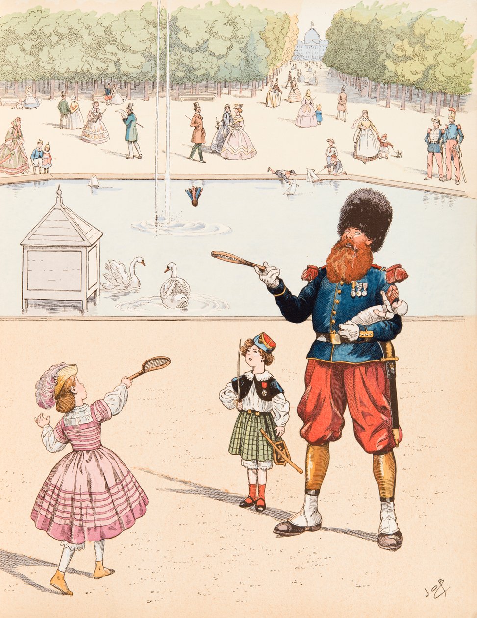 Jacques Marie Gaston Onfroy de Breville dit JOB (1858-1931) - The Sapper (fransk hærsapeur i en offentlig hage som leker med barna sine), privat samling av pseudonym for Onfray de Breville Jacques Job