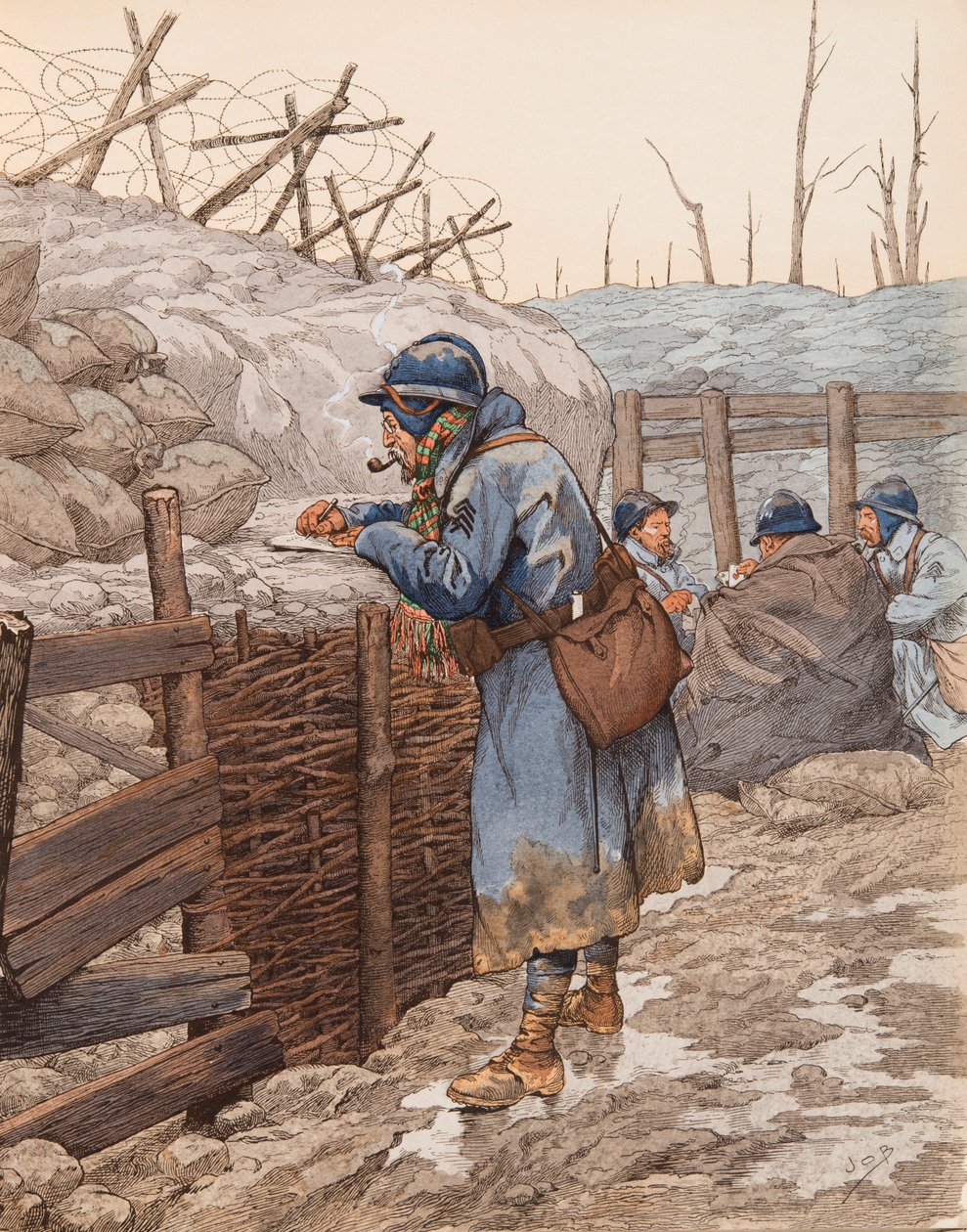 Jacques Marie Gaston Onfroy de Breville dit JOB (1858-1931) - Brevet til pepere (hårete i en skyttergrav skriver til familien sin under første verdenskrig), privat samling av pseudonym for Onfray de Breville Jacques Job
