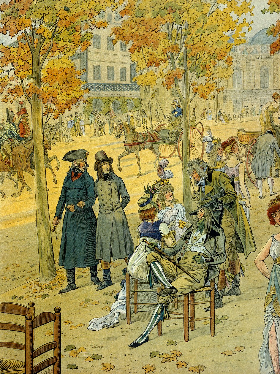 Jean Andoche Junot (Jean-Andoche) (1771-1813) og Napoleon I Bonaparte (1769-1821) går langs Boulevard de Coblenz (Boulevard de Ghent) i Paris foran The Incredible. Illustrasjon av Jacques Marie Gaston Onfray de Breville dit JOB (1858-1931) av pseudonym for Onfray de Breville Jacques Job