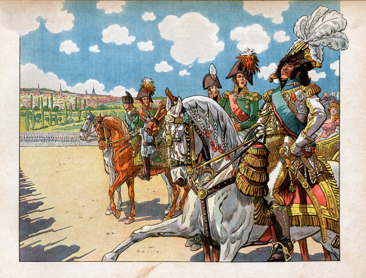 Joachim Murat (1767-1815) akkompagnerte Napoleon I Bonaparte (1869-1921) og Alexander I, keiser av Russland (1777-1825) under gjennomgangen av troppene under Tilsit-traktaten 7. juli 1807. Gravering av Jacques Marie Gaston Onfray Breville dit Job (185 av pseudonym for Onfray de Breville Jacques Job