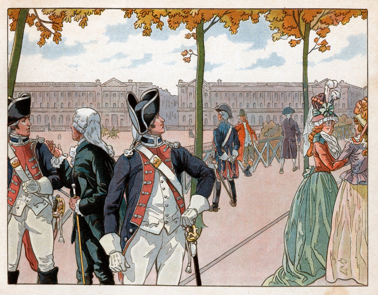 Joachim Murat (1767-1815) og Bessieres i Paris i 1791 iført drakten til kongens grunnlovsvakt. Gravering av Jacques Marie Gaston Onfray de Breville dit Job (1858-1931) av pseudonym for Onfray de Breville Jacques Job