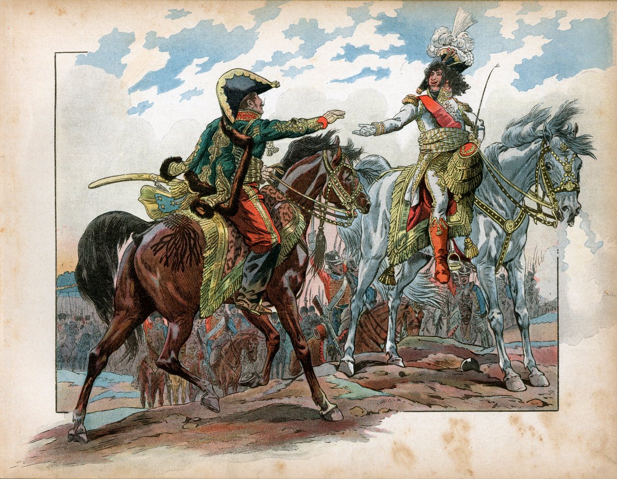 Joachim Murat (1767-1815) og general Antoine Charles Louis de La Salle (Lasalle) (1775-1809) under slaget ved Heilsberg i 1807. Gravering av Jacques Marie Gaston Onfray de Breville dit Job (1858-1931) av pseudonym for Onfray de Breville Jacques Job