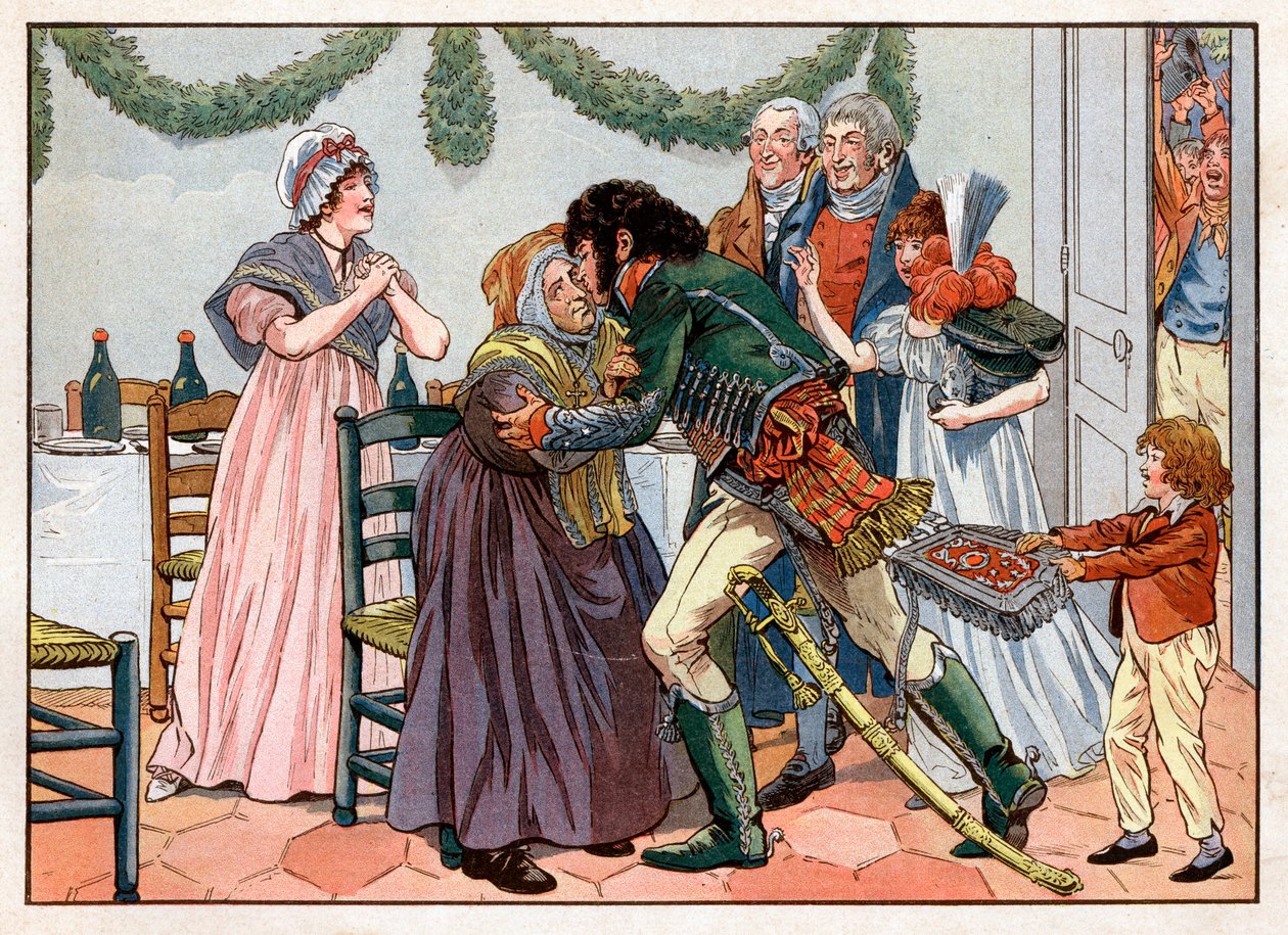 Joachim Murat (1767-1815) hjemme kysser moren sin i familiens vertshus. Gravering av Jacques Marie Gaston Onfray de Breville dit Job (1858-1931) av pseudonym for Onfray de Breville Jacques Job