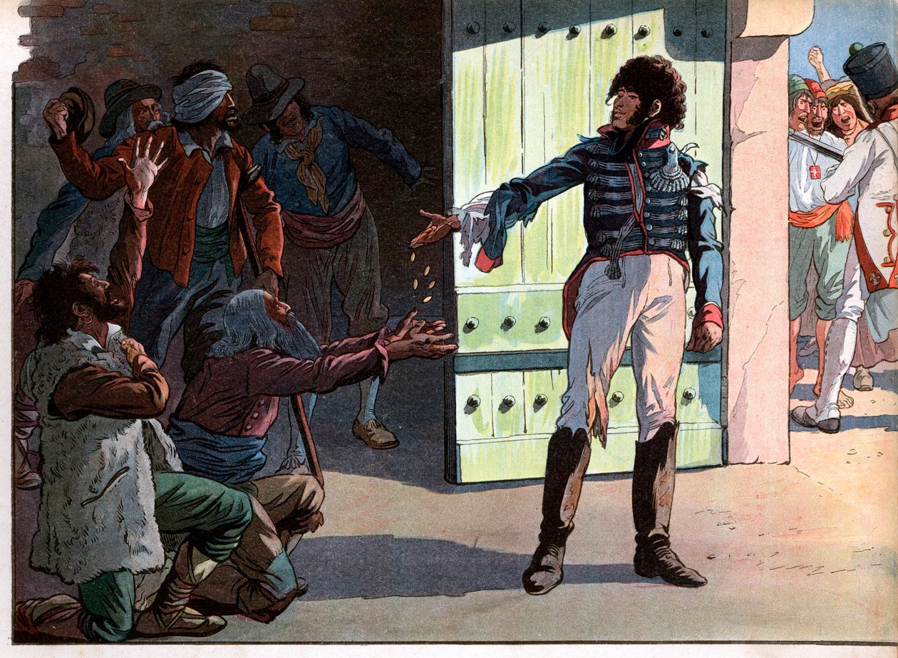 Joachim Murat (1767-1815), dechu-kongen av Napoli, fange i festningen i havnen i Pizzo delte ut pengene sine til fangede banditter sammen med ham i 1815. Gravering av Jacques Marie Gaston Onfray de Breville dit Job (1858-1931) av pseudonym for Onfray de Breville Jacques Job