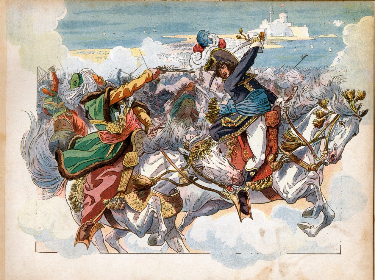 Joachim Murat (1767-1815) under slaget ved Aboukir i 1799, under felttoget (ekspedisjonen) av Egypt, fanget general Mustapha Pasha etter å ha blitt skutt i kjeven; han ble gjort til divisjonsgeneral etter slaget. Gravering av Jacques Marie Gaston Onfra av pseudonym for Onfray de Breville Jacques Job