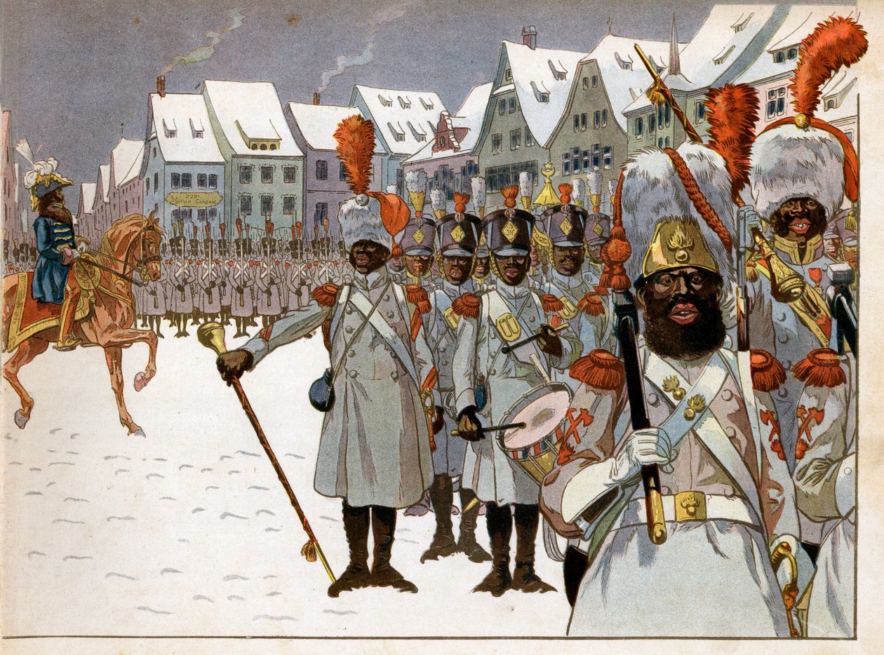 Joachim Murat (1767-1815) reddet kommandoen over hæren etter at keiseren forlot Russland. I sitt hovedkvarter i Koenigsberg anmelder han et selskap med svarte mennesker. Gravering av Jacques Marie Gaston Onfray de Breville dit Job (1858-1931) av pseudonym for Onfray de Breville Jacques Job