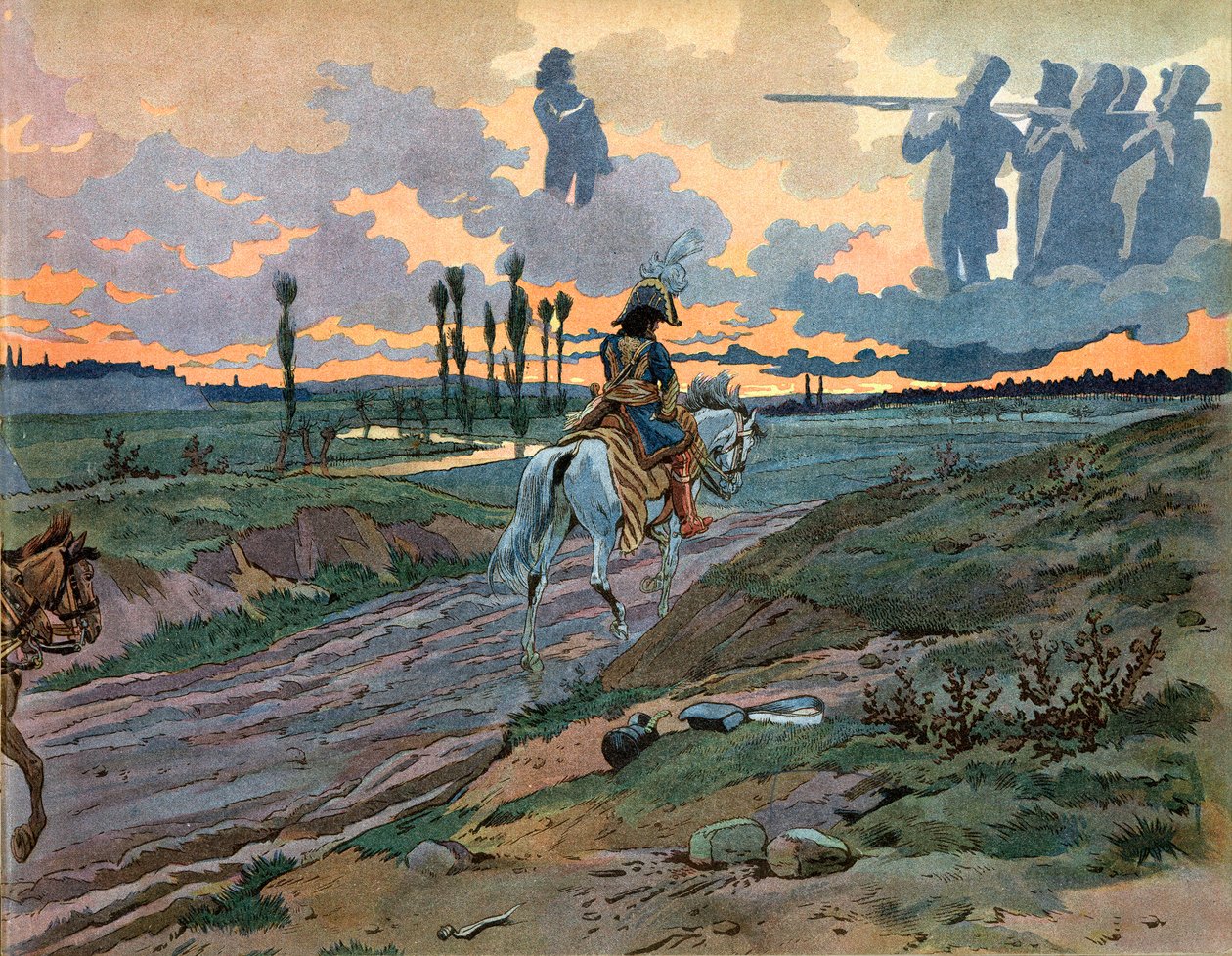 Joachim Murat (1767-1815) returnerte til Napoli etter Leipzigs nederlag i 1813. Gravering av Jacques Marie Gaston Onfray de Breville dit Job (1858-1931) av pseudonym for Onfray de Breville Jacques Job
