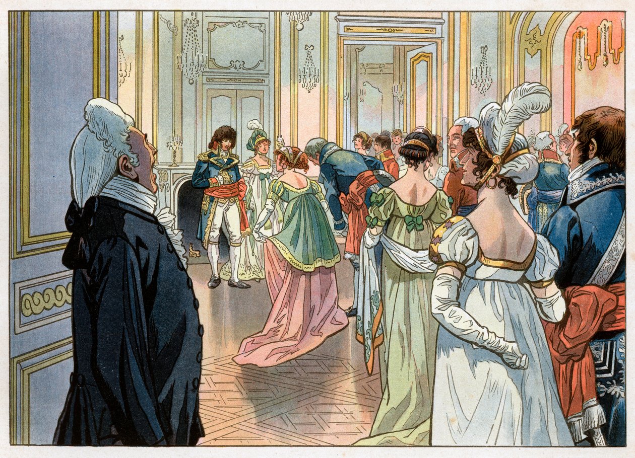Joachim Murat (1767-1815) daværende guvernør i Paris og hans kone Caroline Bonaparte (1782-1839) tok imot gjestene på en fest på hans hotellsted Vendome, Paris. Invitasjoner blir annonsert av en tjener og deretter ærer de seg foran gjestene sine. Gravering av pseudonym for Onfray de Breville Jacques Job