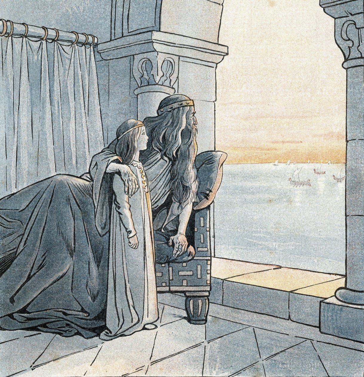 King Charlemagne (Charles I called Charles the Great, 742-814) observes the arrival of Viking drakkars on the Seine in the 9th century. in “France, his story told by G. Montorgueil, imageed by Job””” 1896. Private collection. av pseudonym for Onfray de Breville Jacques Job